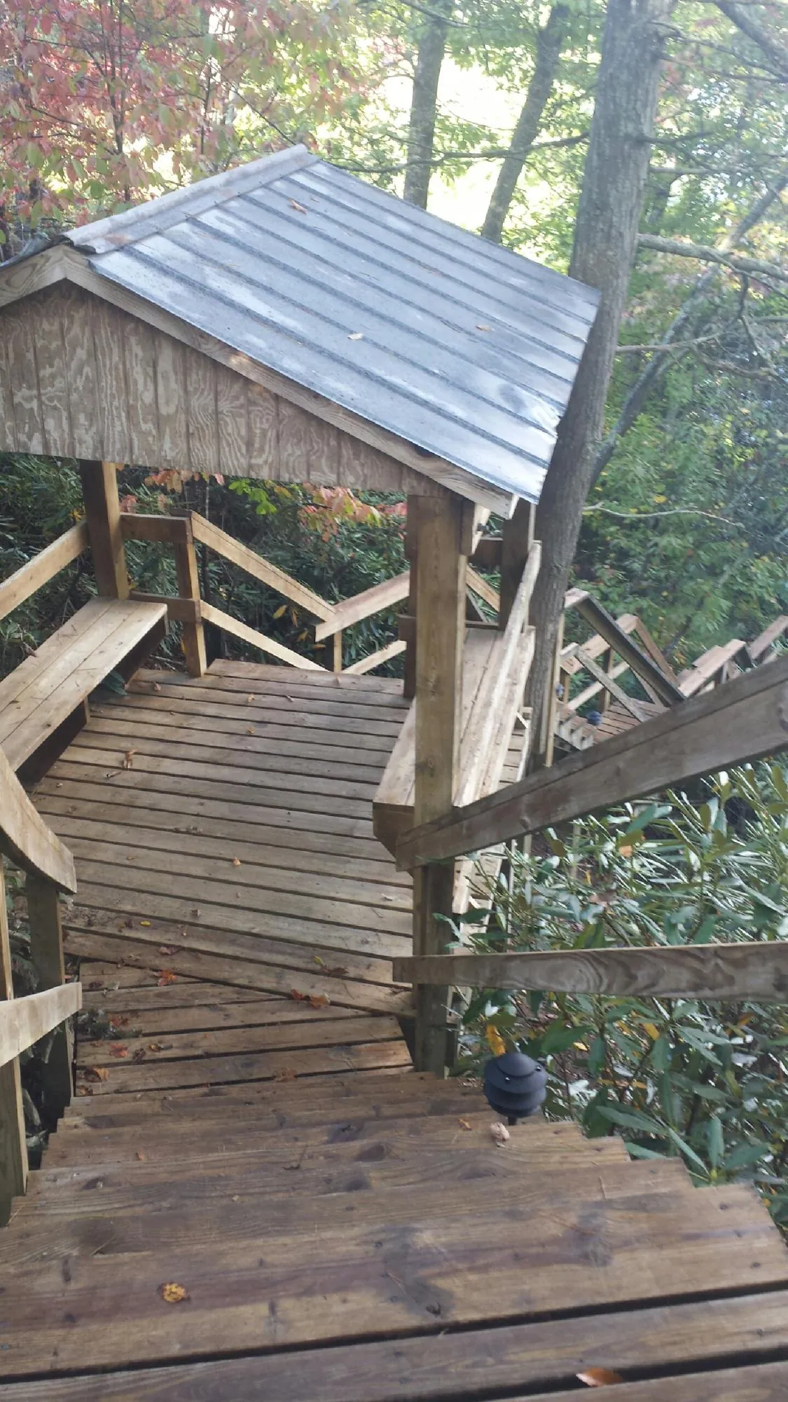 Metal roofed shelter over wooden steps on a wooded walkway — Skylight Repair & Installation work by our crew in Hurricane Mills